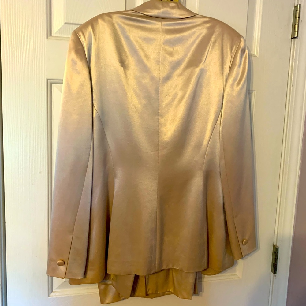 Dry cleaned, 100% silk suit tan jacket & skirt